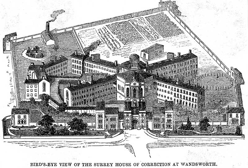 An illustration which is a Birds eye view of the surrey house of correction at wandsworth
